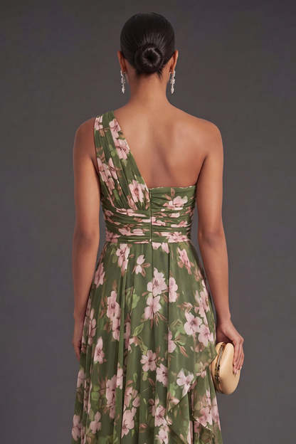 Ruffled Dark Green One Shoulder Floral Long Wedding Guest Dress with Slit
