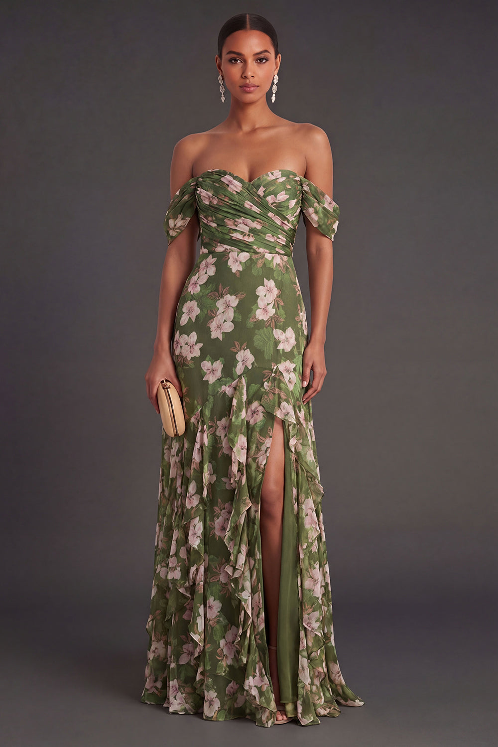 Leely Women Dark Green Off the Shoulder Floral Long Wedding Guest Dress with Slit Ruffled Backless Garden Party Dress