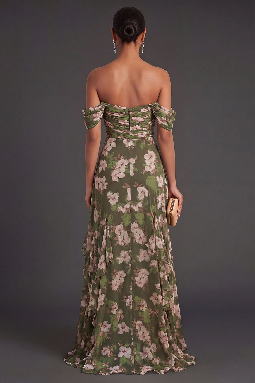 Dark Green Off the Shoulder Floral Long Wedding Guest Dress with Slit