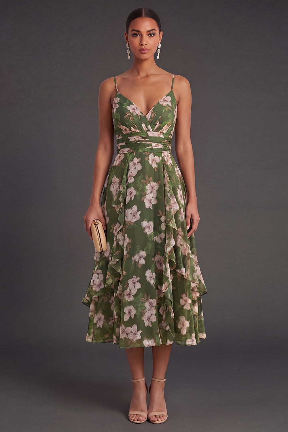 Dark Green Backless Floral Midi Wedding Guest Dress with Slit
