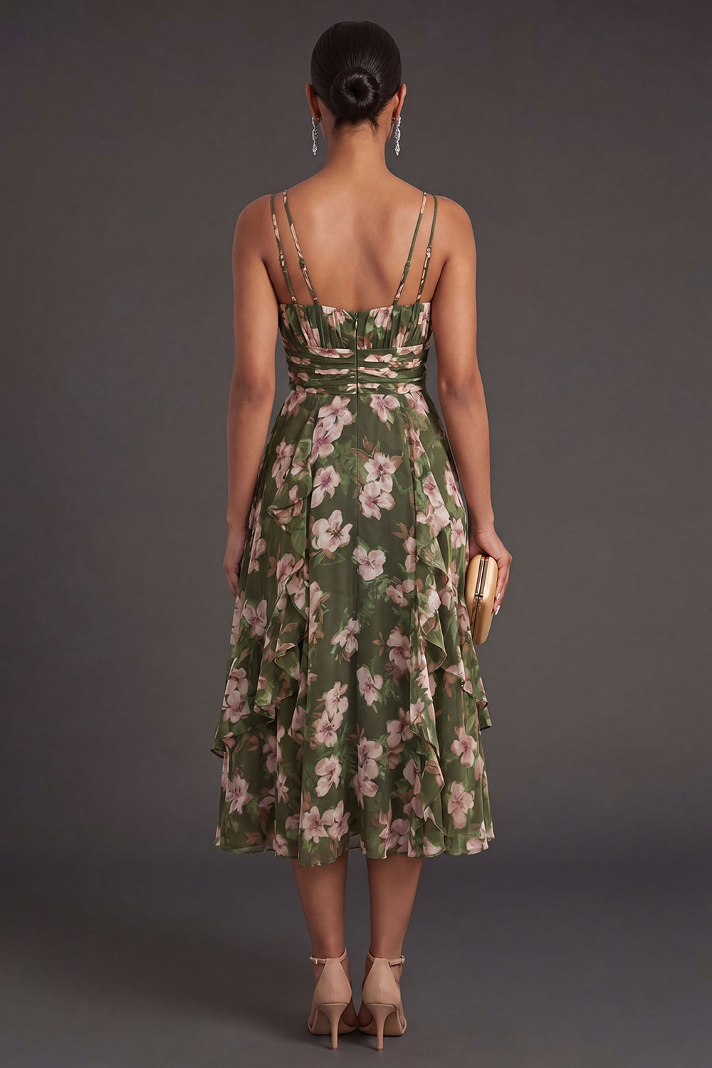 Dark Green Backless Floral Midi Wedding Guest Dress with Slit