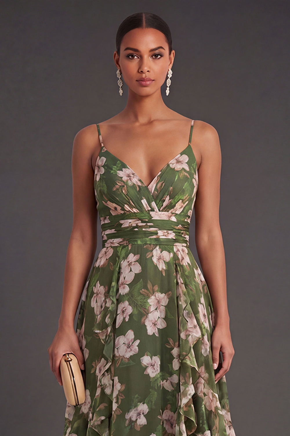 Dark Green Backless Floral Midi Wedding Guest Dress with Slit