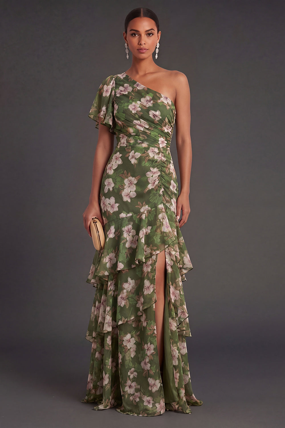 Leely Women Dark Green Ruffled Floral Long Wedding Guest Dress with Slit One Shoulder Backless Garden Party Dress