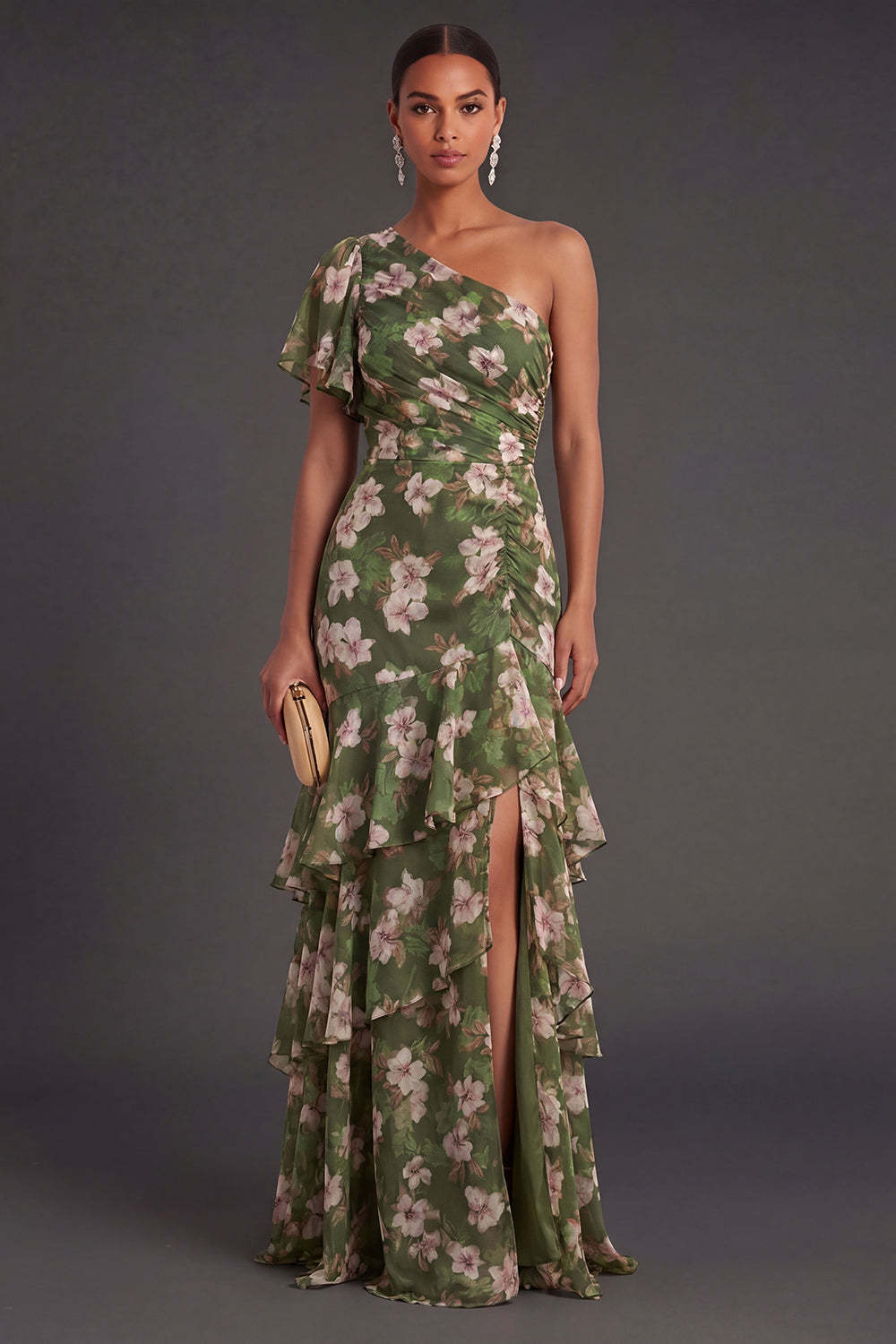 Leely Women Dark Green Ruffled Floral Long Wedding Guest Dress with Slit One Shoulder Backless Garden Party Dress