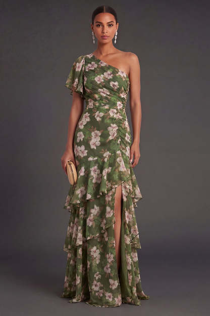 Leely Women Dark Green Ruffled Floral Long Wedding Guest Dress with Slit One Shoulder Backless Garden Party Dress