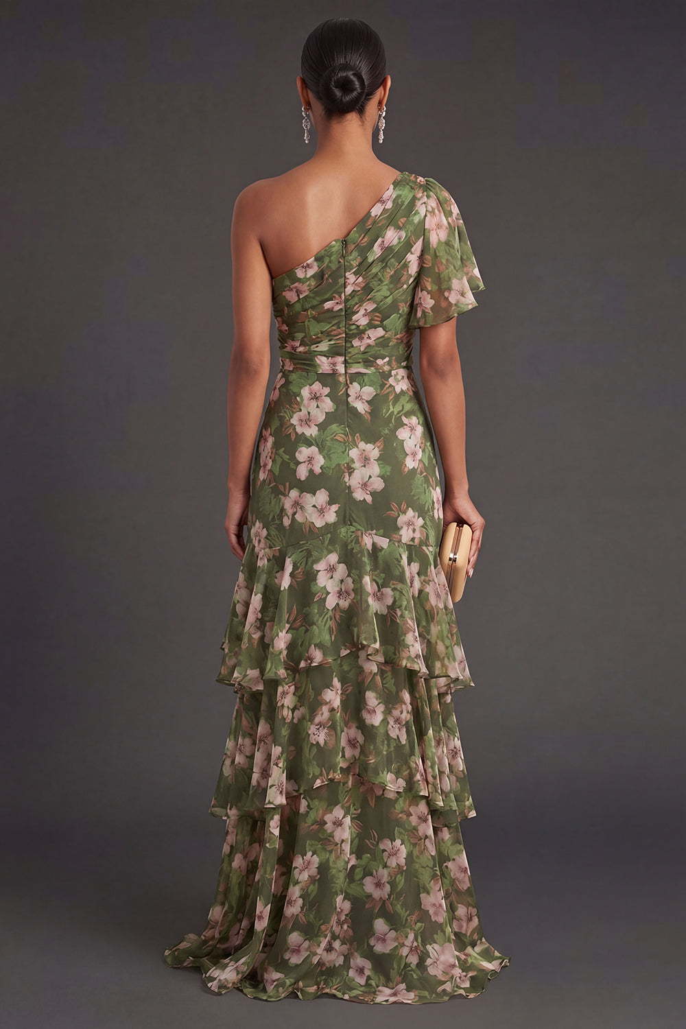 Dark Green Ruffled Floral Long Wedding Guest Dress with Slit