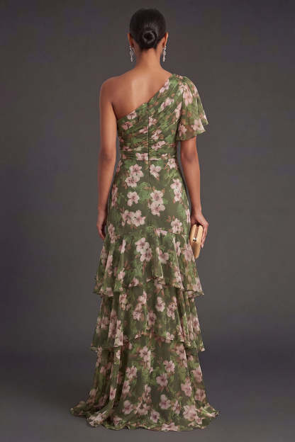 Dark Green Ruffled Floral Long Wedding Guest Dress with Slit
