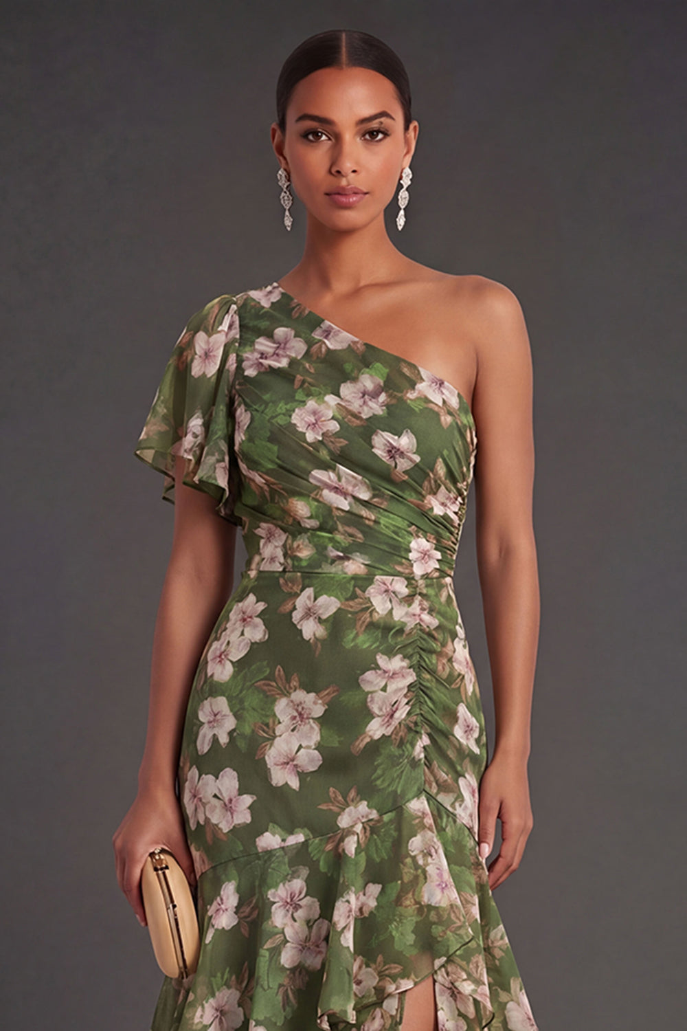 Dark Green Ruffled Floral Long Wedding Guest Dress with Slit