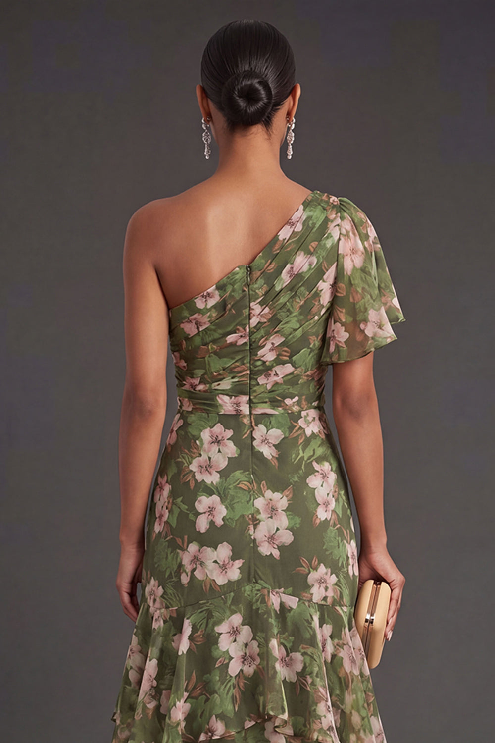 Dark Green Ruffled Floral Long Wedding Guest Dress with Slit
