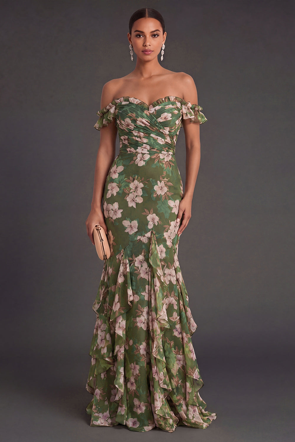 Mermaid Dark Green Ruffled Floral Long Wedding Guest Dress