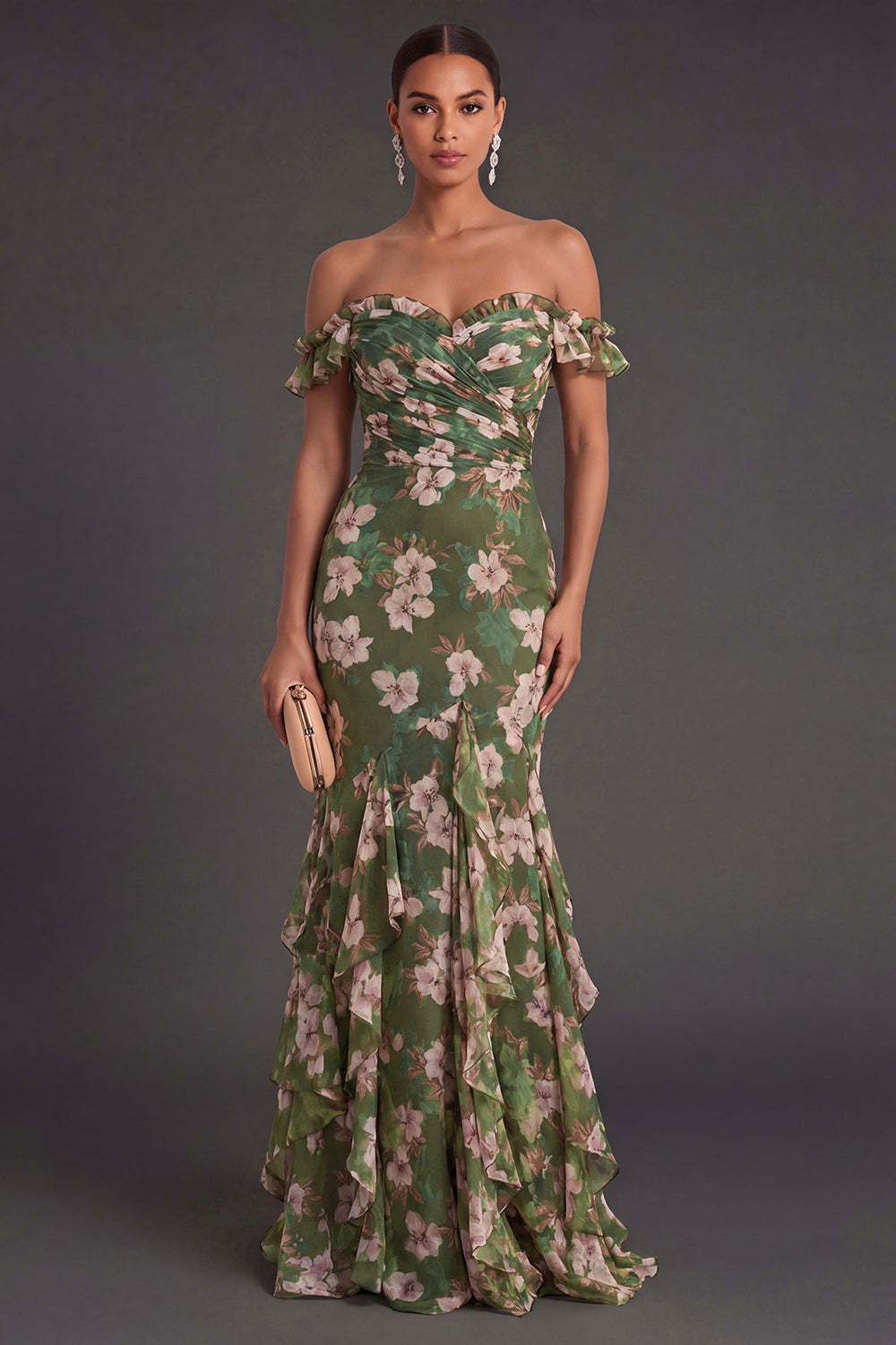 Leely Women Mermaid Dark Green Ruffled Floral Long Wedding Guest Dress Off the Shoulder Backless Garden Party Dress