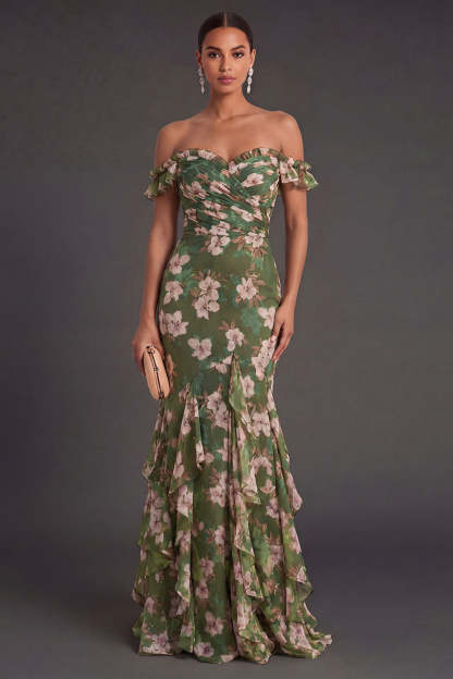 Leely Women Mermaid Dark Green Ruffled Floral Long Wedding Guest Dress Off the Shoulder Backless Garden Party Dress