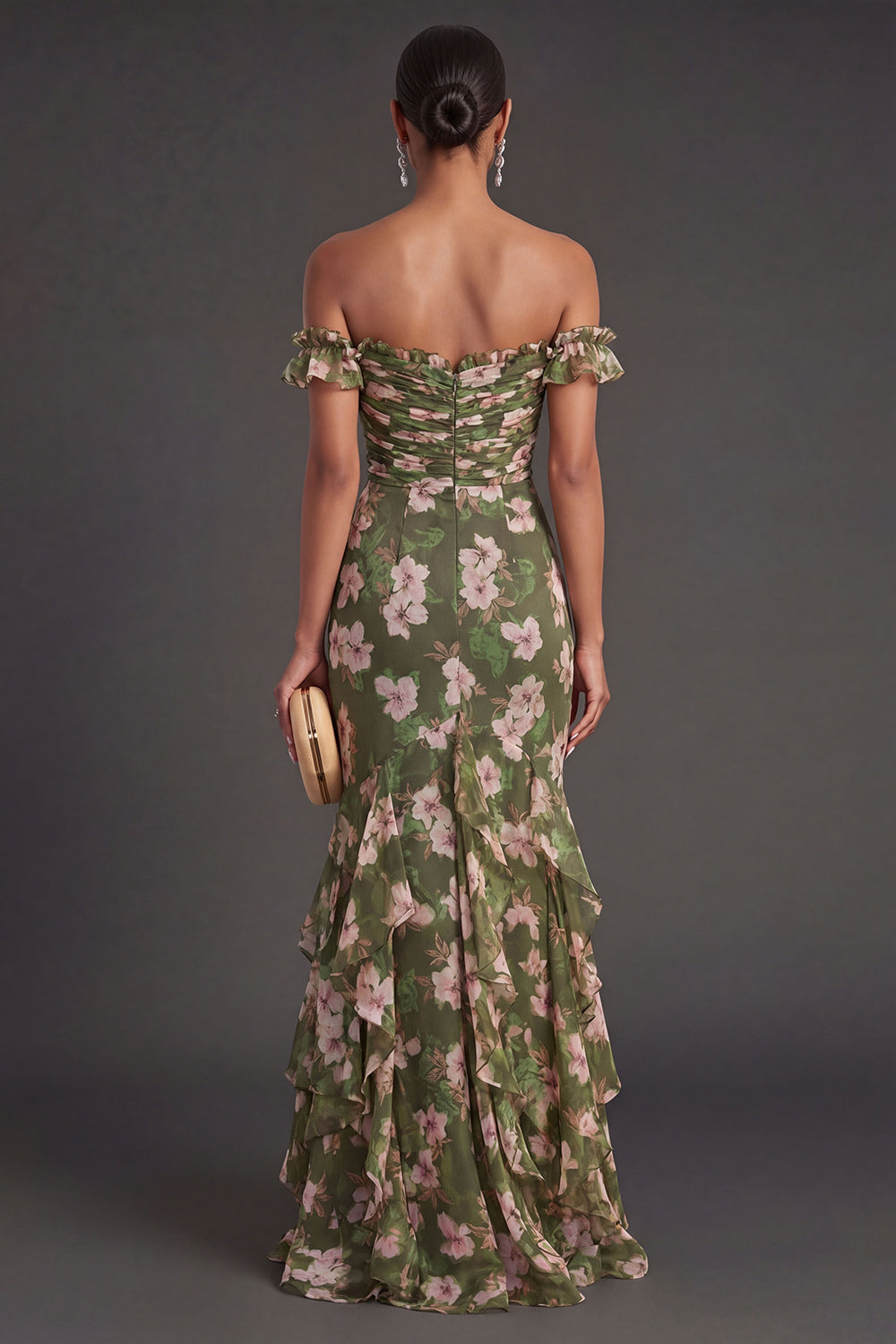 Mermaid Dark Green Ruffled Floral Long Wedding Guest Dress