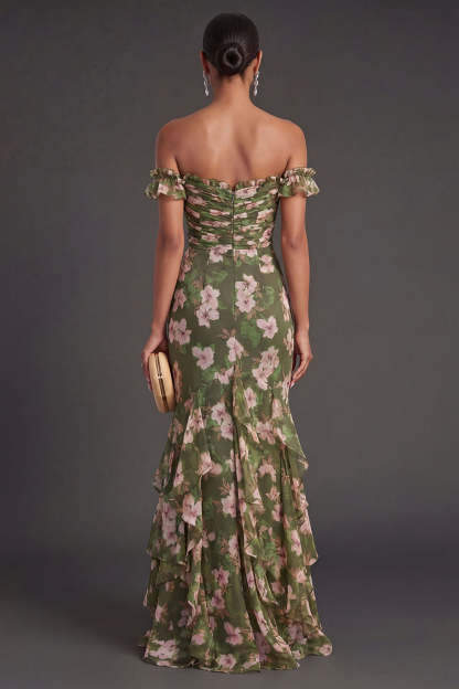 Mermaid Dark Green Ruffled Floral Long Wedding Guest Dress