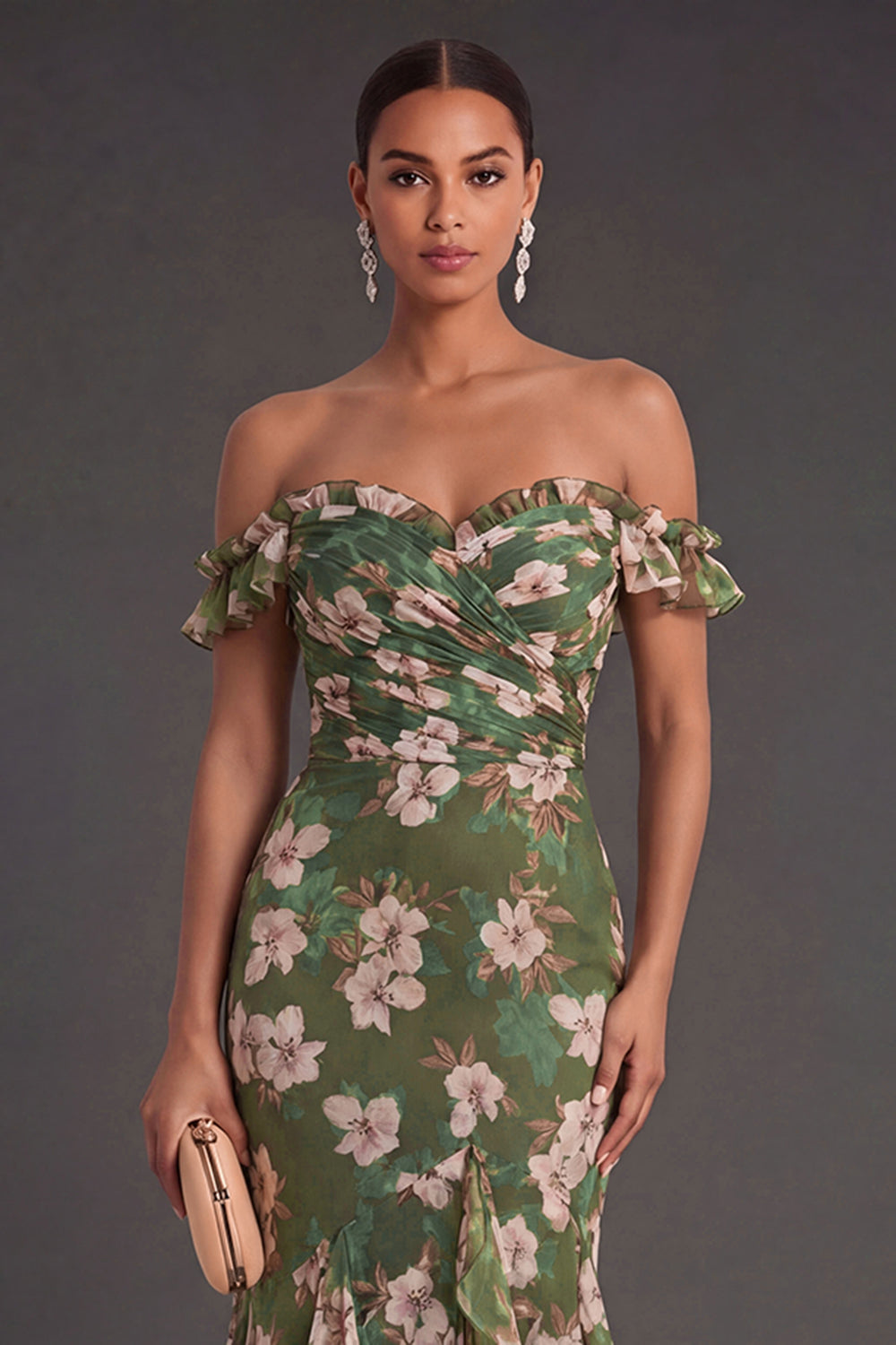 Mermaid Dark Green Ruffled Floral Long Wedding Guest Dress