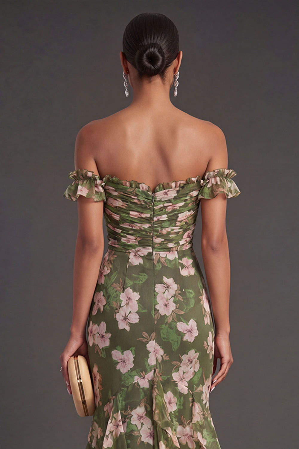 Mermaid Dark Green Ruffled Floral Long Wedding Guest Dress