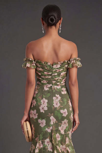 Mermaid Dark Green Ruffled Floral Long Wedding Guest Dress