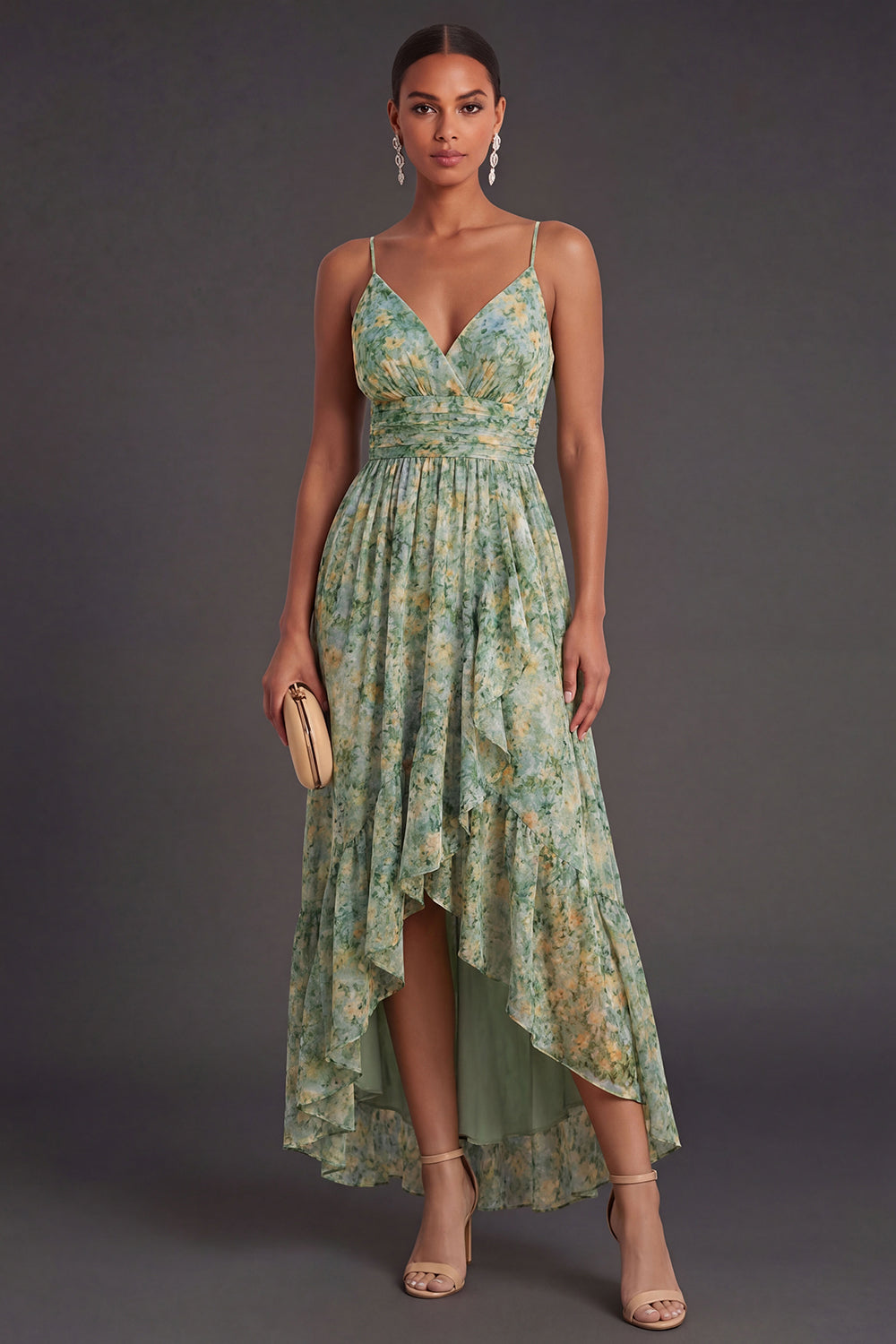 Leely Women A Line Floral Dusty Green High Low Wedding Guest Dress Spaghetti Straps Backless Sleeveless Garden Party Dress