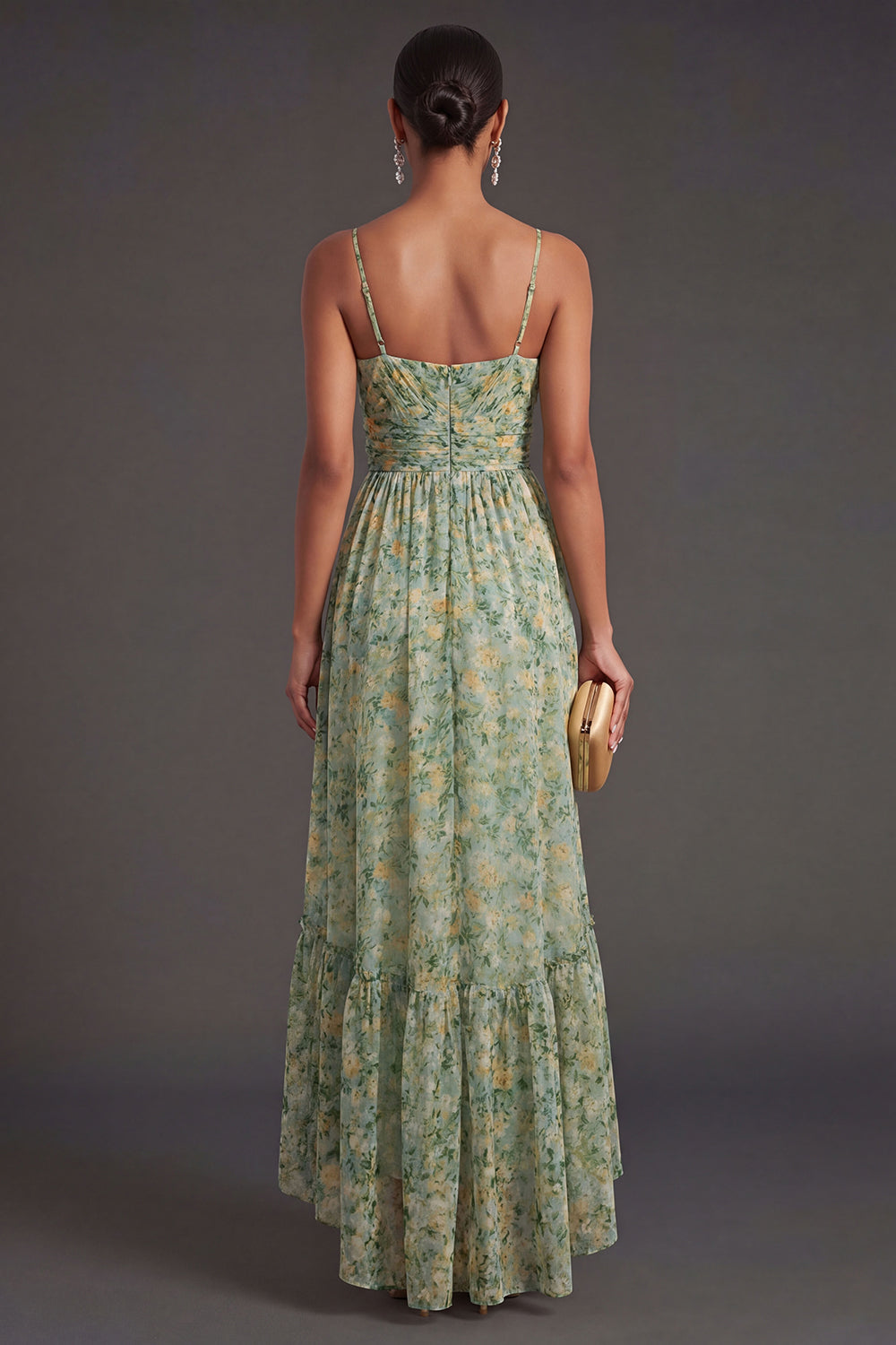A Line Floral Dusty Green Spaghetti Straps High Low Wedding Guest Dress