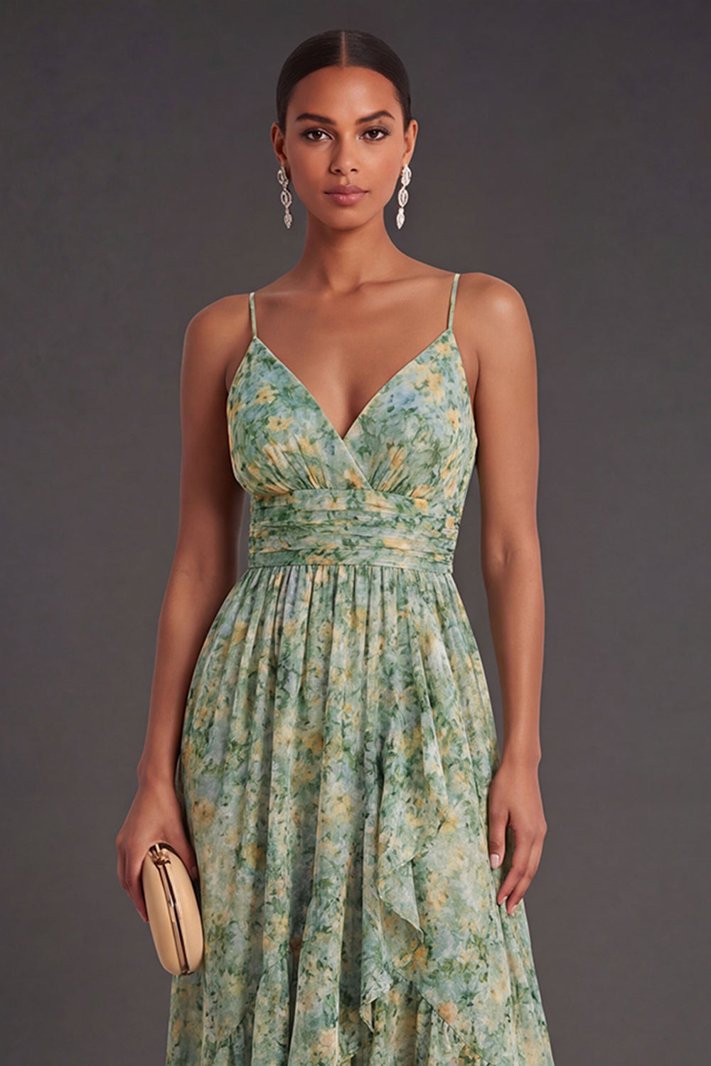A Line Floral Dusty Green Spaghetti Straps High Low Wedding Guest Dress