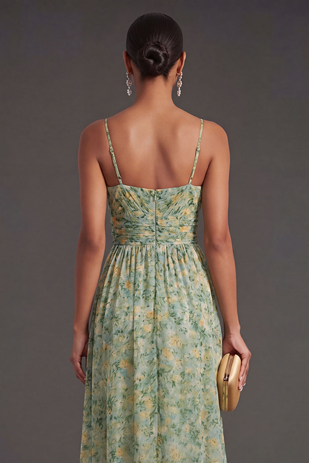 A Line Floral Dusty Green Spaghetti Straps High Low Wedding Guest Dress