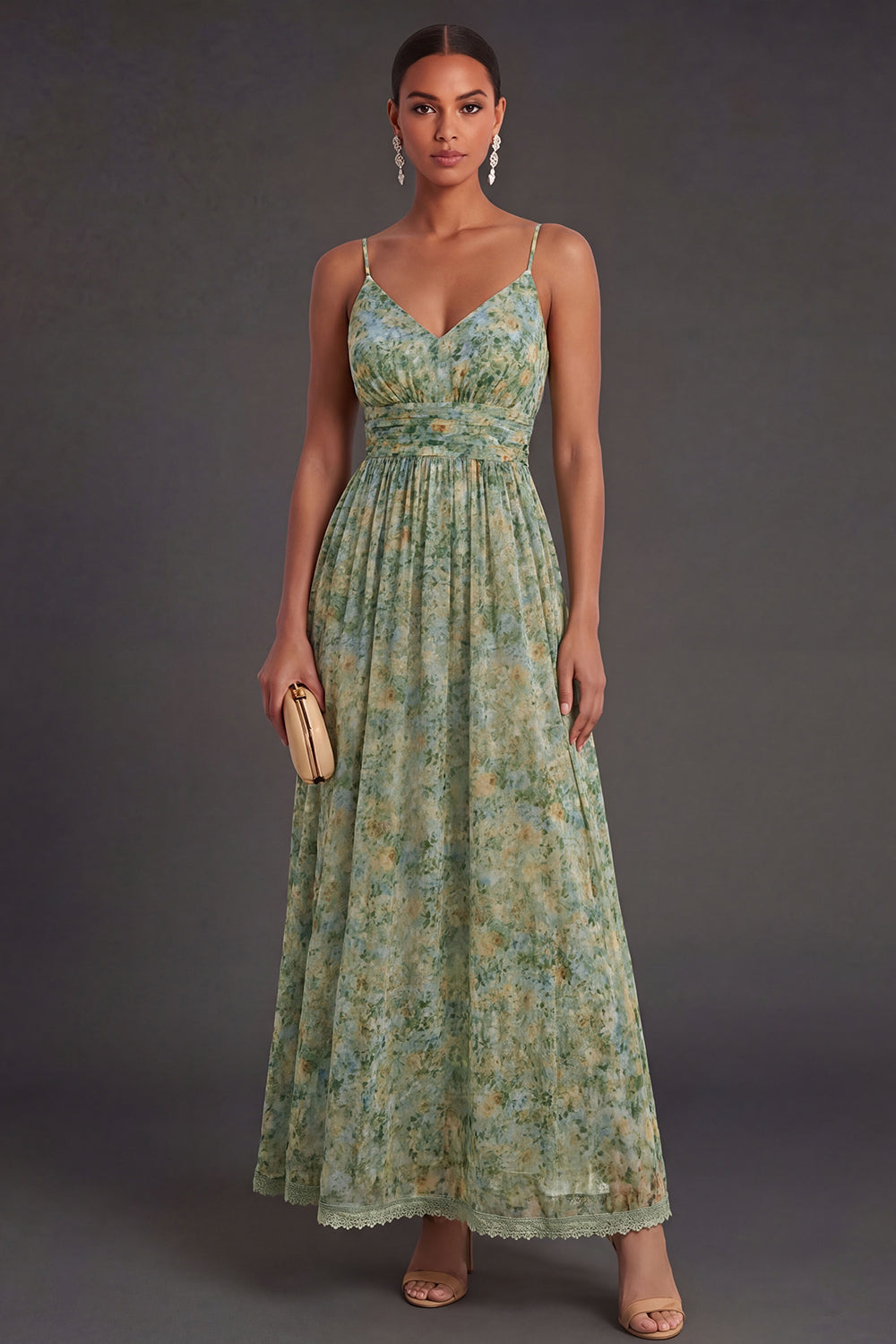 Leely Women A Line Floral Spaghetti Straps Long Wedding Guest Dress Backless Sleeveless Garden Party Dress