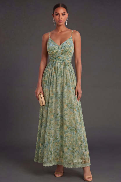 Leely Women A Line Floral Spaghetti Straps Long Wedding Guest Dress Backless Sleeveless Garden Party Dress