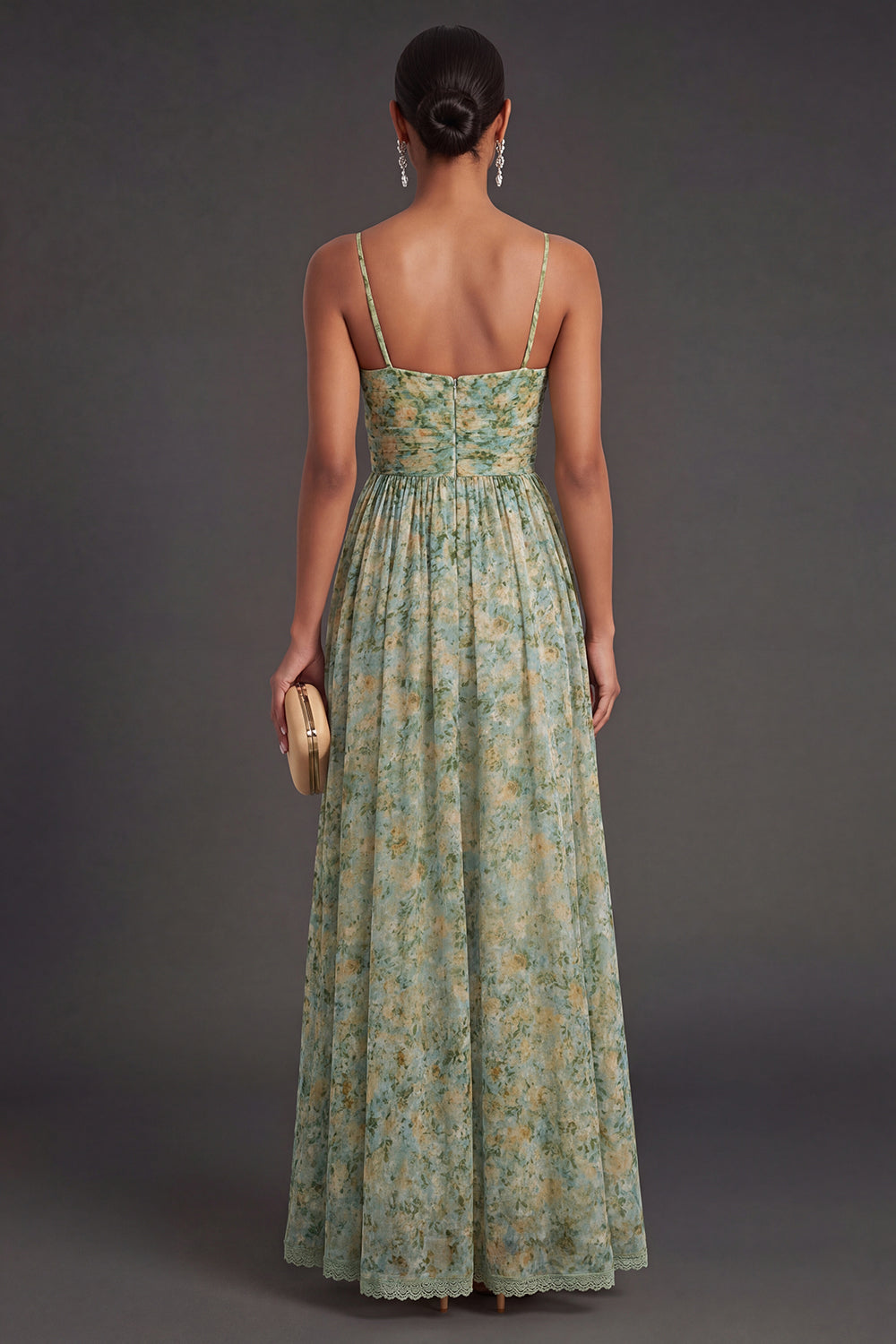 A Line Floral Spaghetti Straps Long Wedding Guest Dress