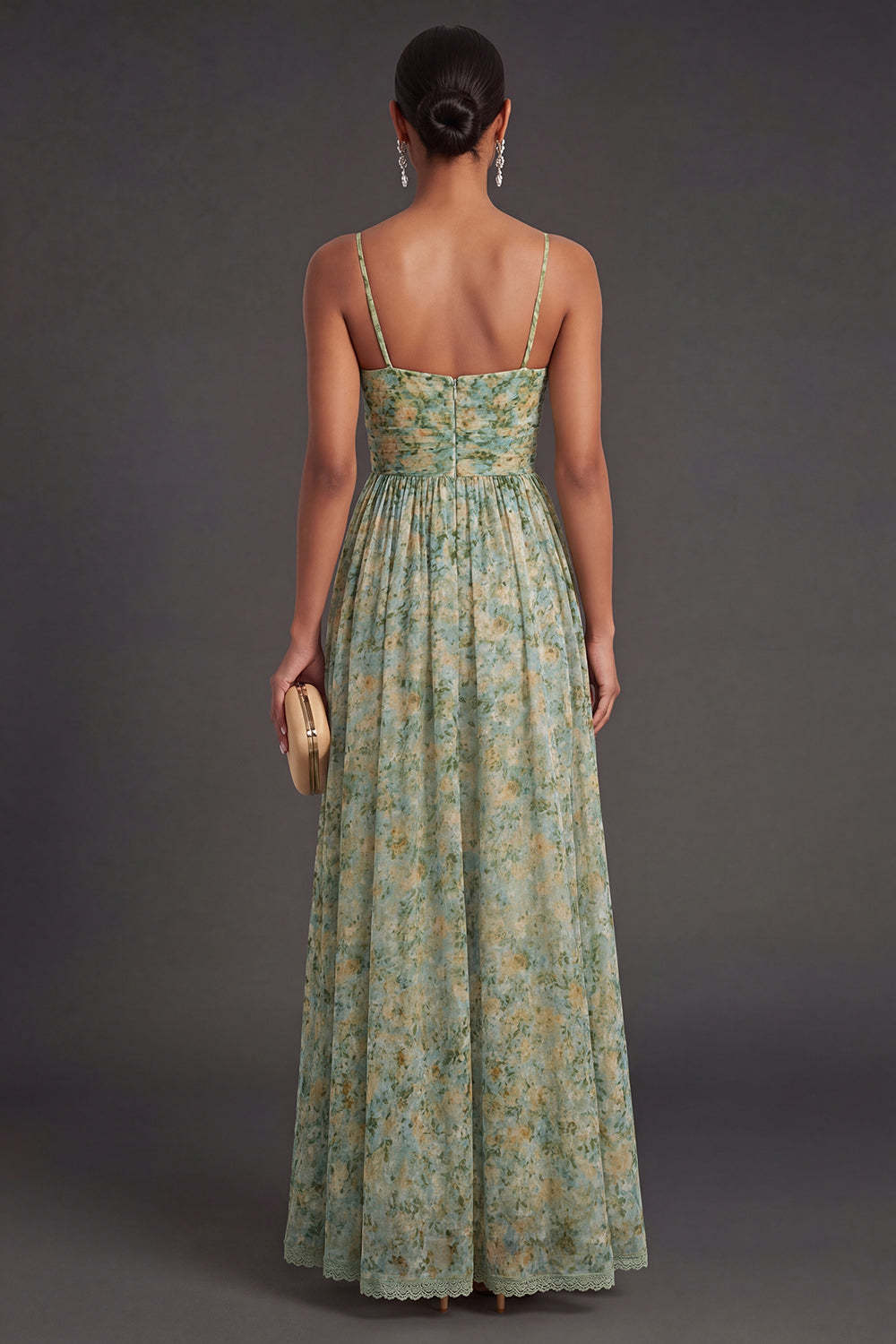 A Line Floral Spaghetti Straps Long Wedding Guest Dress
