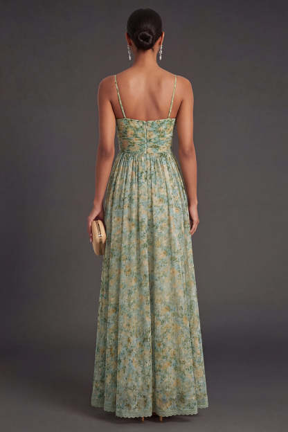A Line Floral Spaghetti Straps Long Wedding Guest Dress