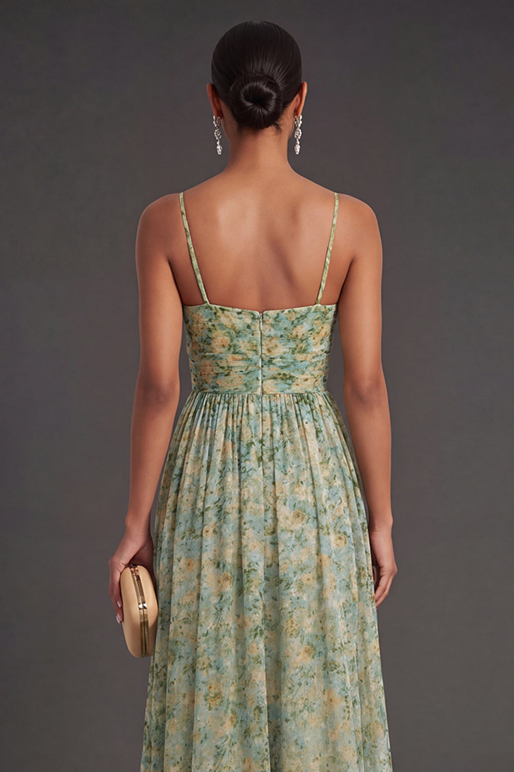 A Line Floral Spaghetti Straps Long Wedding Guest Dress