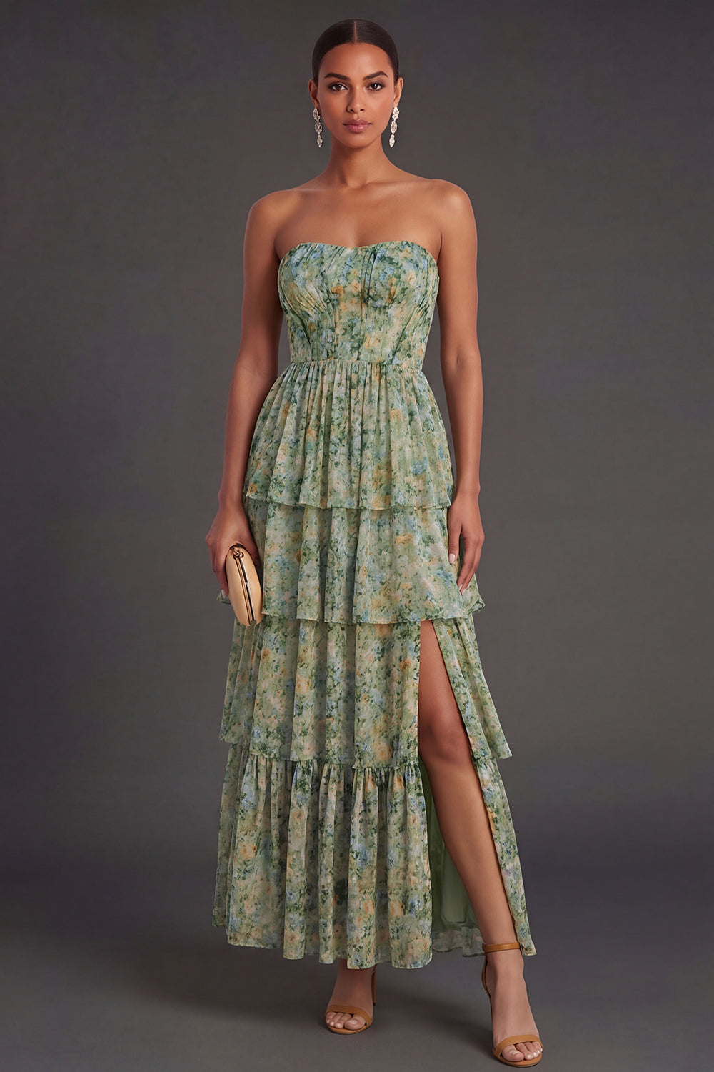 Leely Women A Line Floral Dusty Green Tiered Long Wedding Guest Dress with Slit Strapless Backless Garden Party Dress