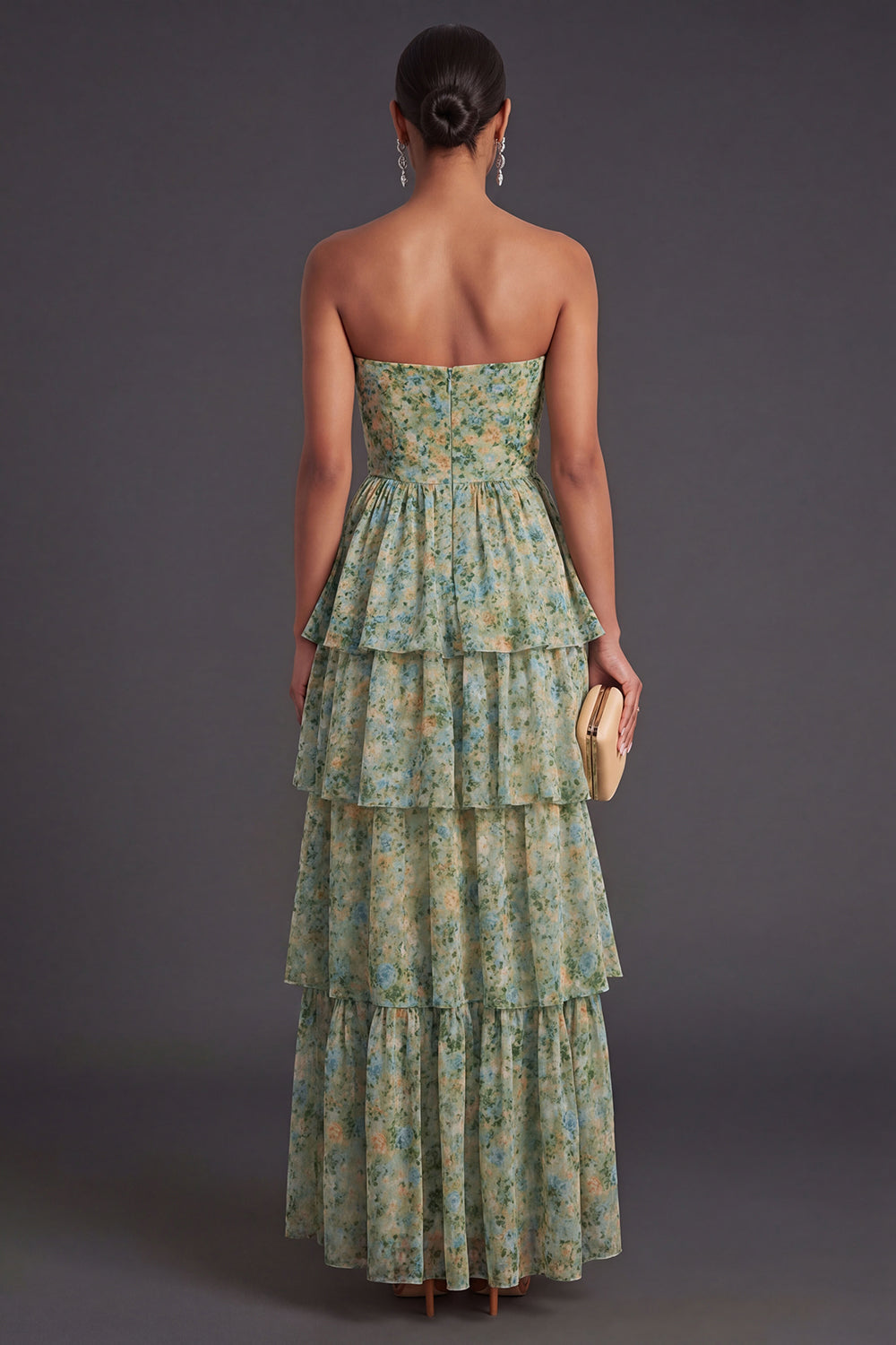 A Line Floral Dusty Green Tiered Long Wedding Guest Dress with Slit
