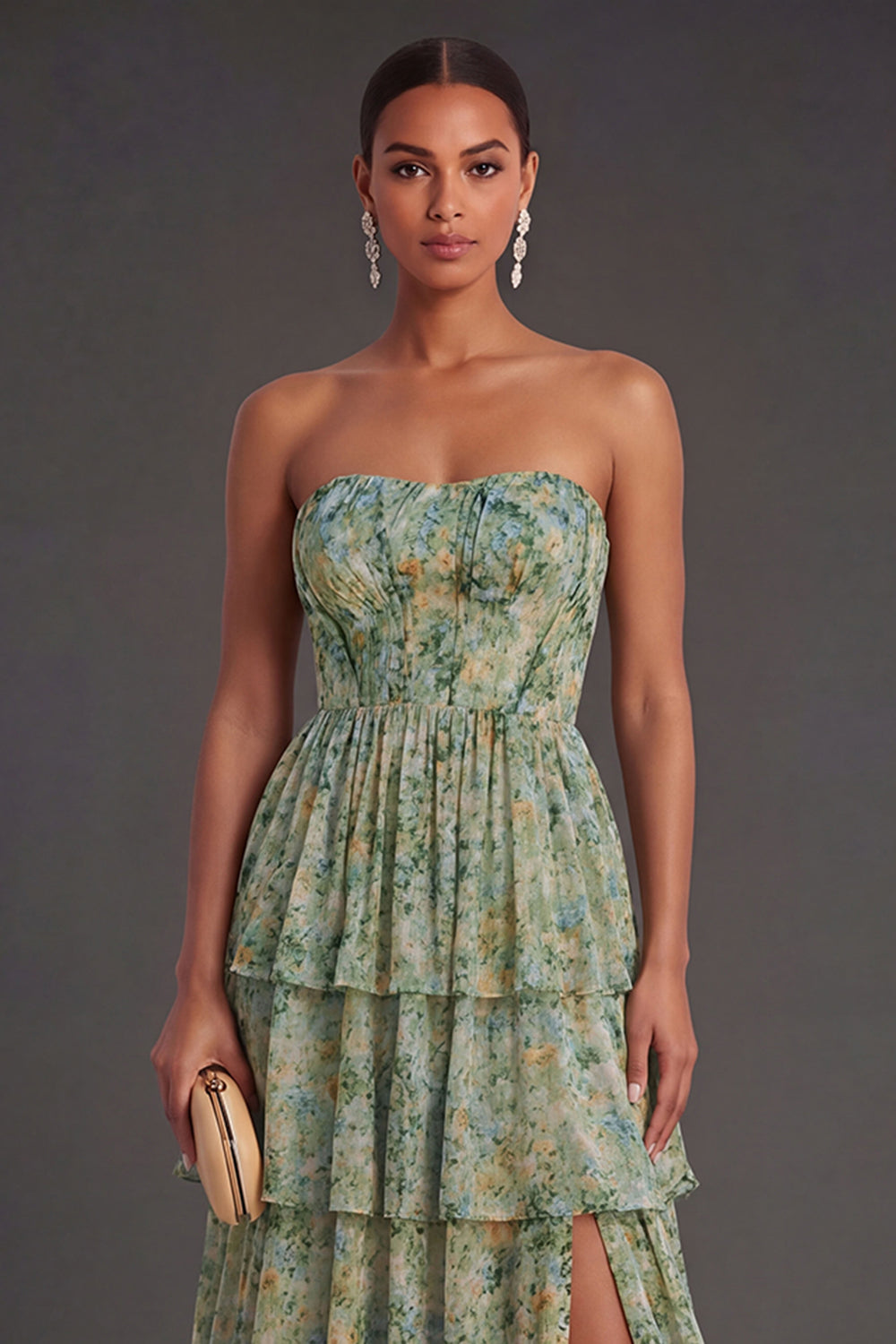 A Line Floral Dusty Green Tiered Long Wedding Guest Dress with Slit