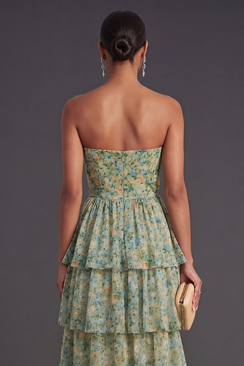 A Line Floral Dusty Green Tiered Long Wedding Guest Dress with Slit