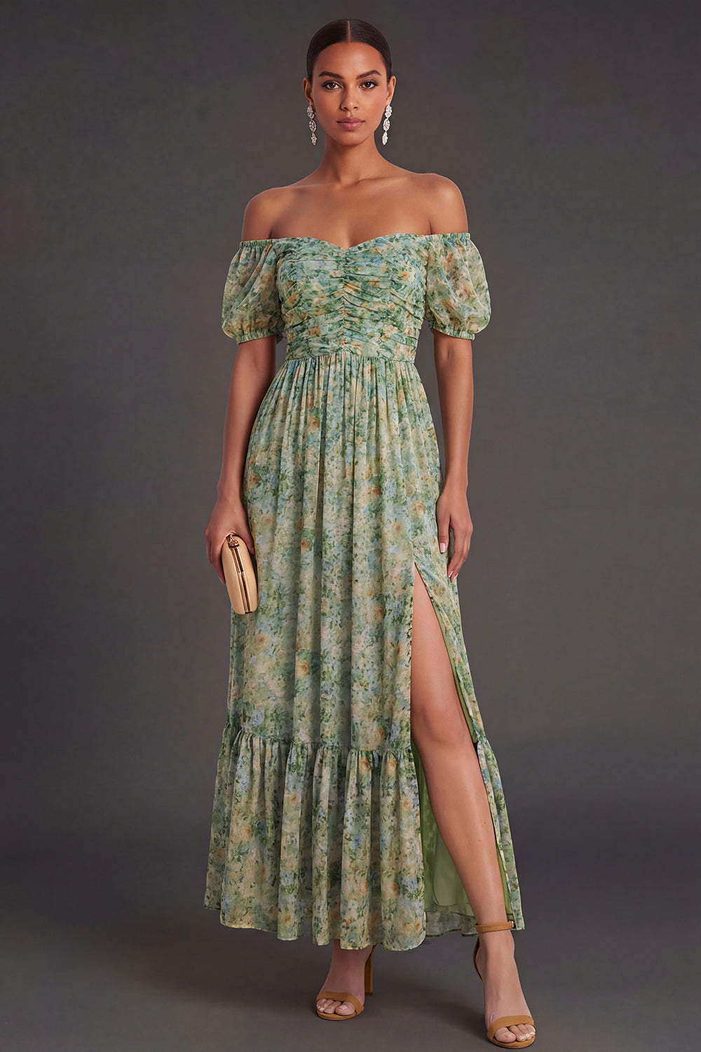 A Line Floral Dusty Green Puff Sleeves Long Wedding Guest Dress with Slit