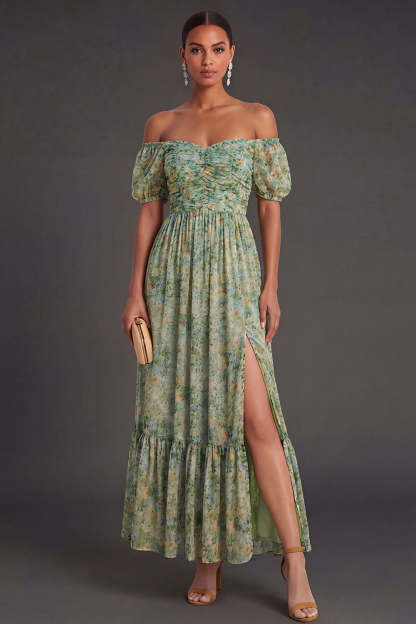 Leely Women A Line Floral Dusty Green Long Wedding Guest Dress with Slit Puff Sleeves Backless Garden Party Dress