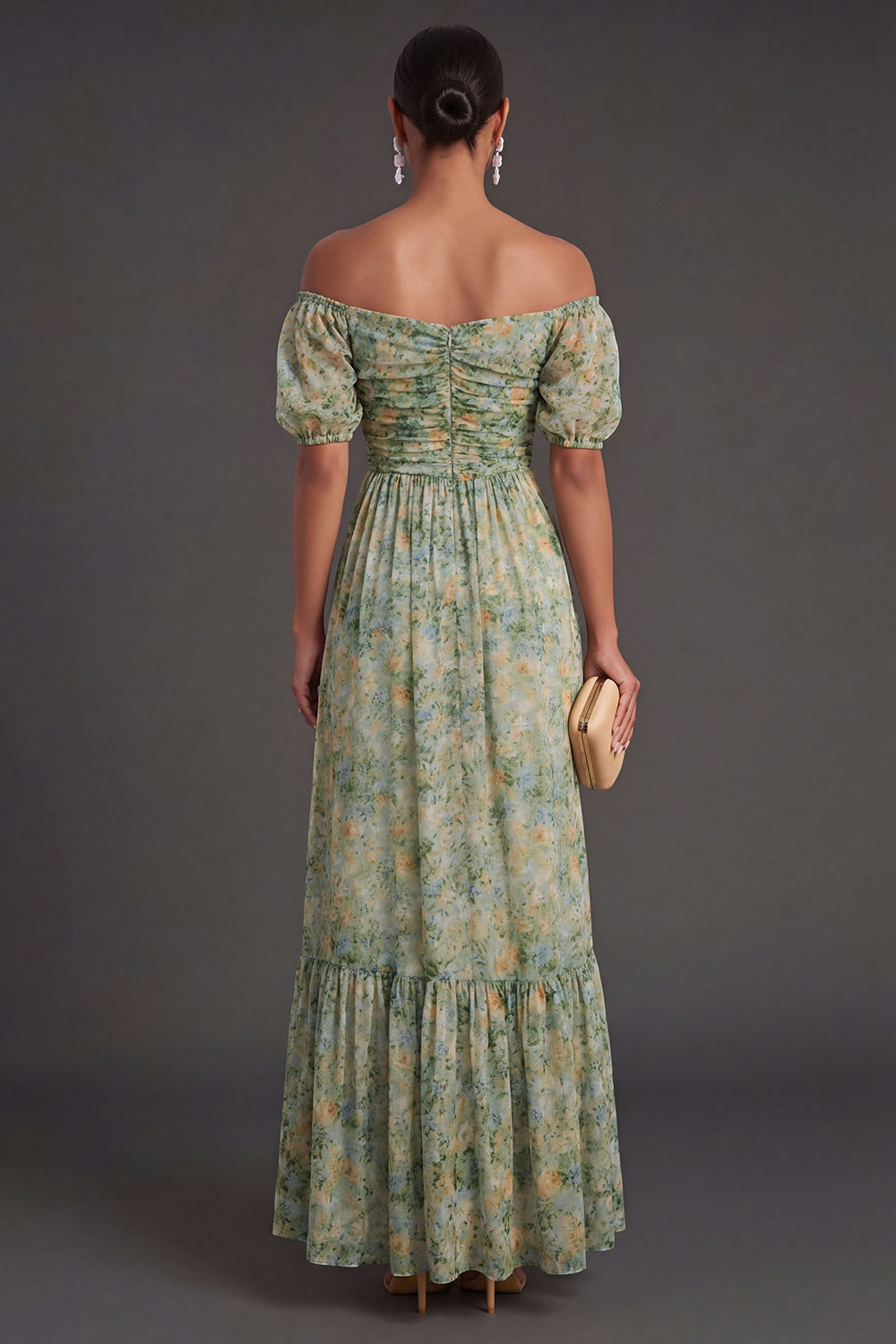 A Line Floral Dusty Green Puff Sleeves Long Wedding Guest Dress with Slit