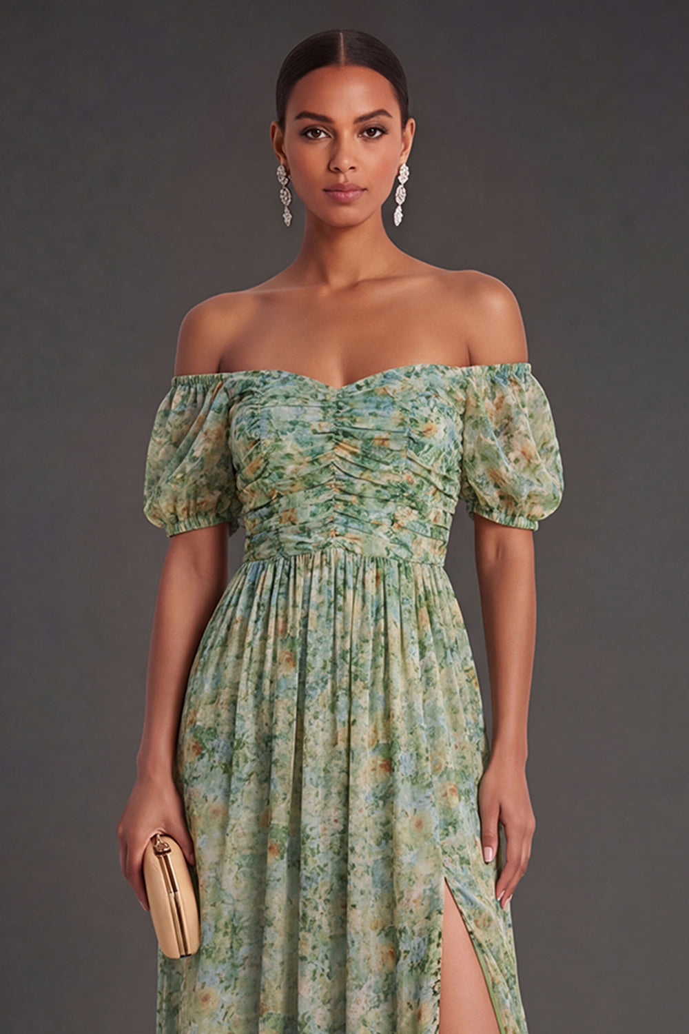 A Line Floral Dusty Green Puff Sleeves Long Wedding Guest Dress with Slit