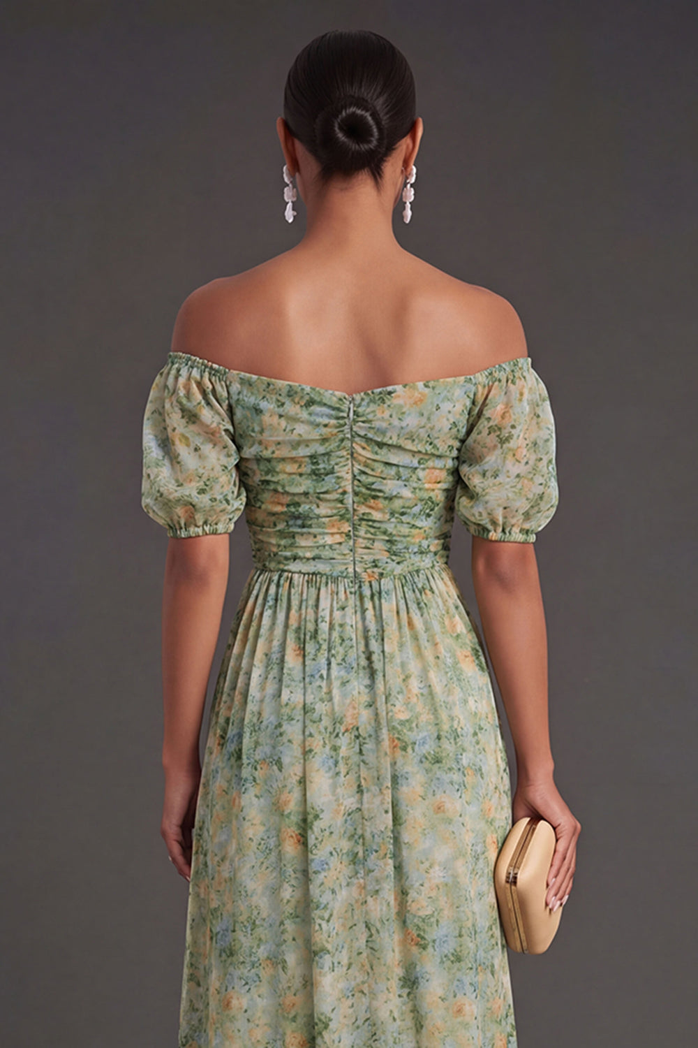 A Line Floral Dusty Green Puff Sleeves Long Wedding Guest Dress with Slit