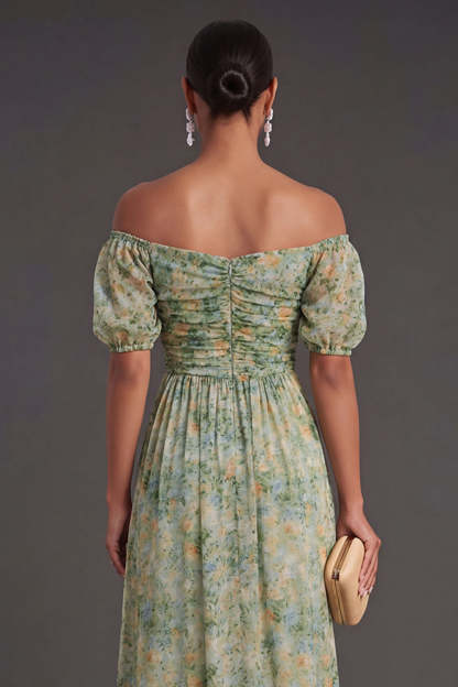 A Line Floral Dusty Green Puff Sleeves Long Wedding Guest Dress with Slit