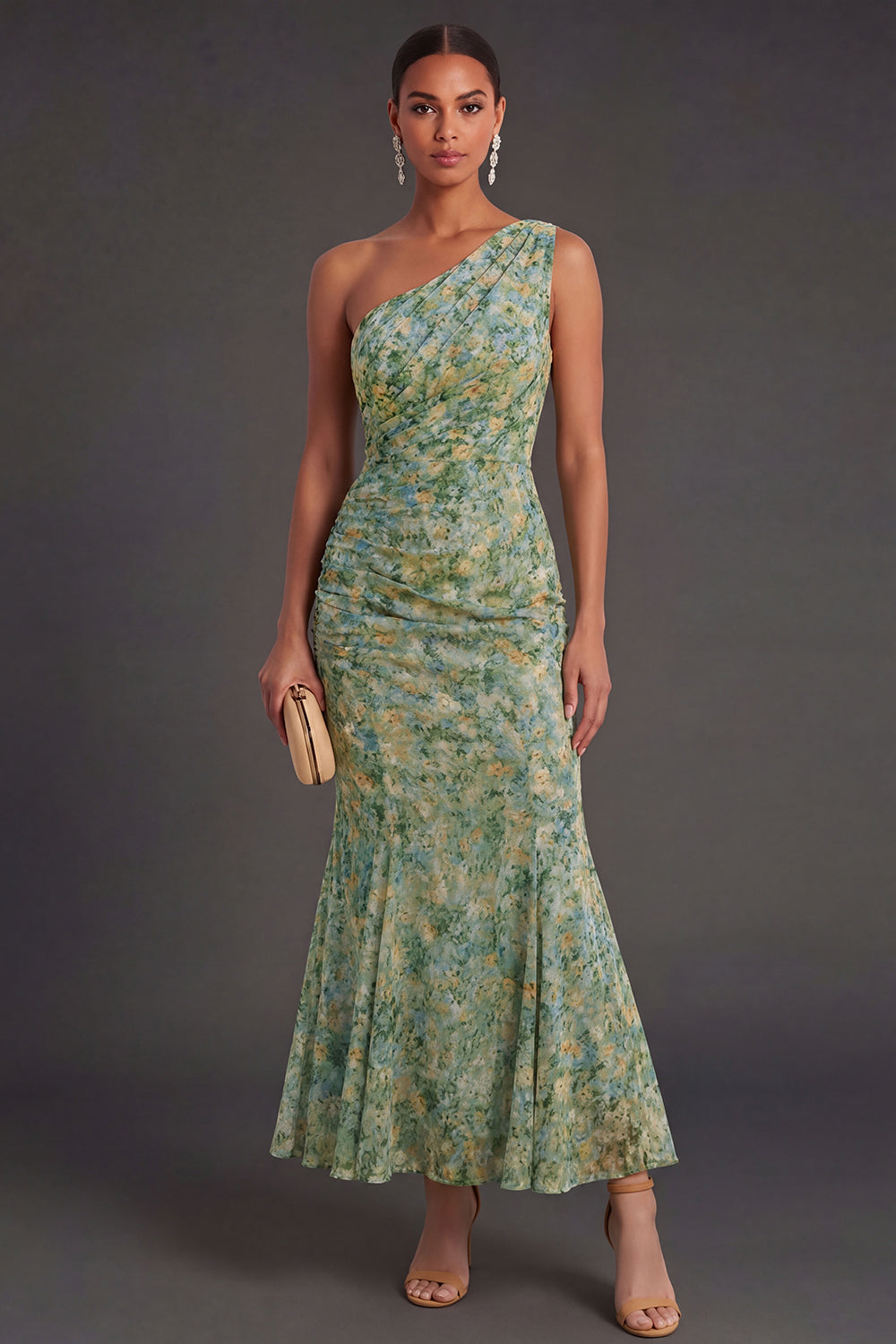 Leely Women Dusty Green Mermaid Floral Long Wedding Guest Dress One Shoulder Backless Sleeveless Garden Party Dress
