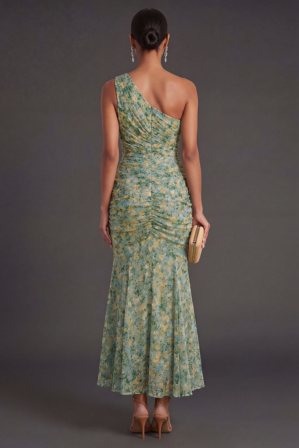 Dusty Green Mermaid Floral One Shoulder Long Wedding Guest Dress