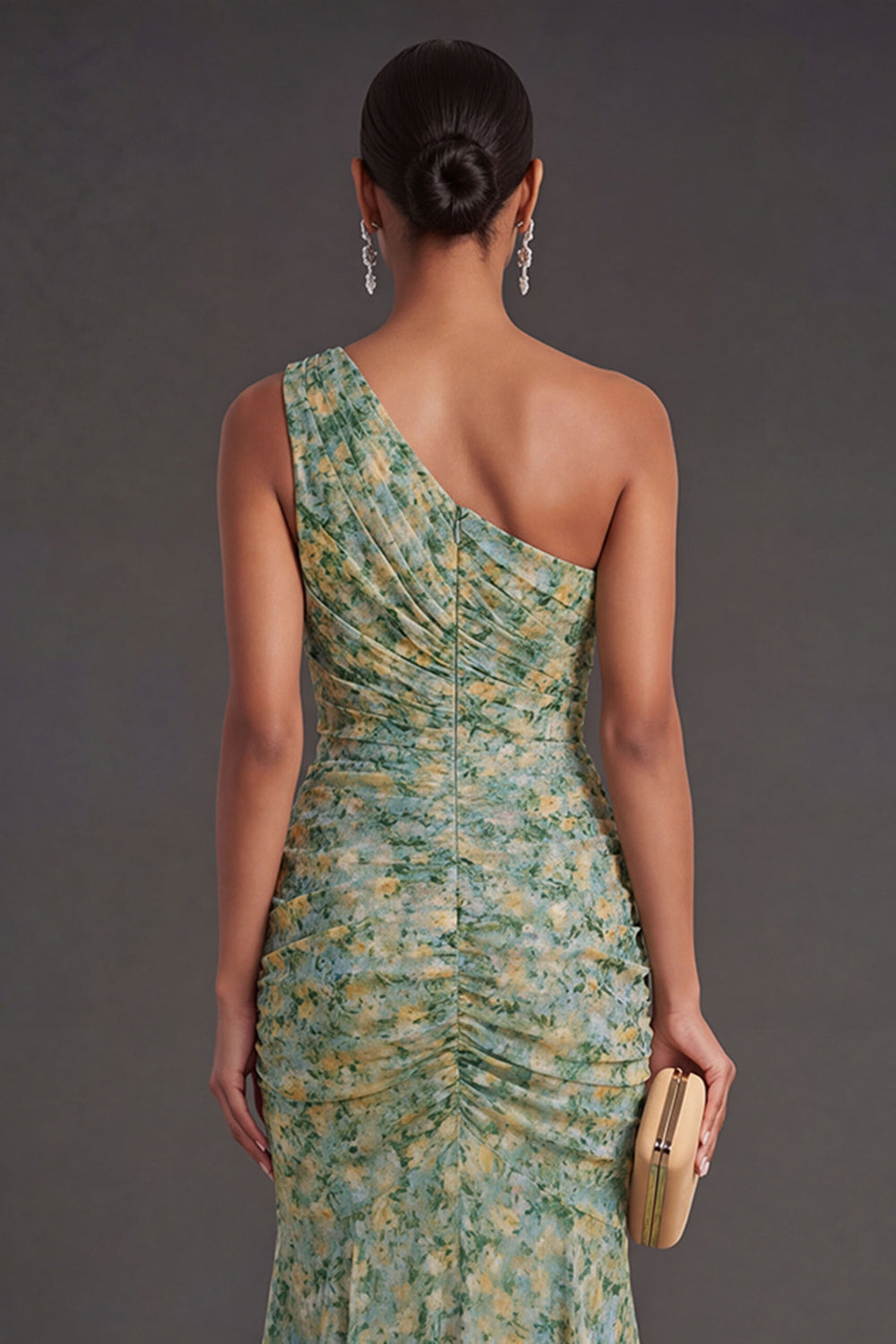Dusty Green Mermaid Floral One Shoulder Long Wedding Guest Dress