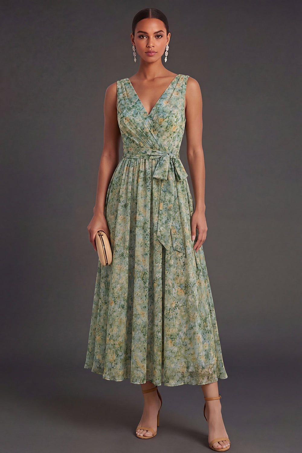 A Line Dusty Green Floral Long Wedding Guest Dress
