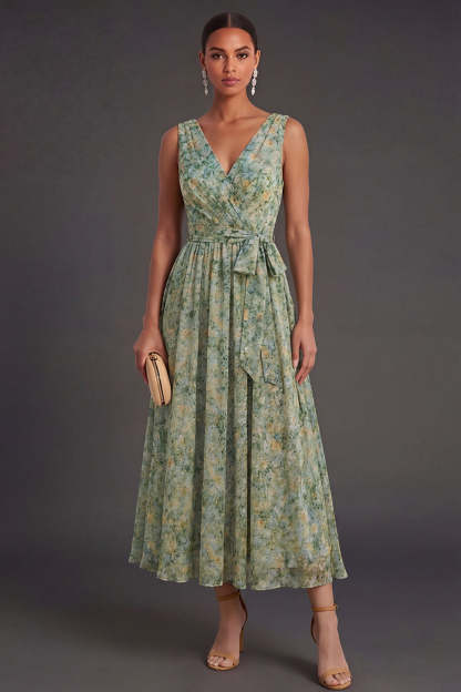 Leely Women A Line Dusty Green Floral Long Wedding Guest Dress V Neck Sleeveless Garden Party Dress
