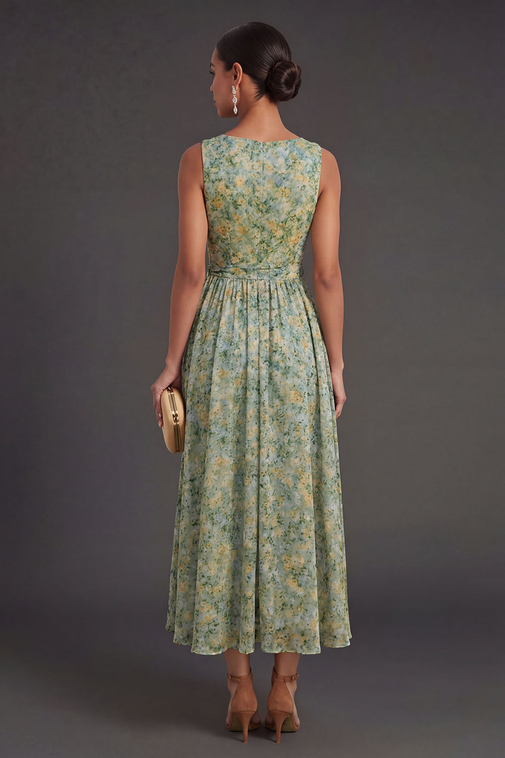 A Line Dusty Green Floral Long Wedding Guest Dress