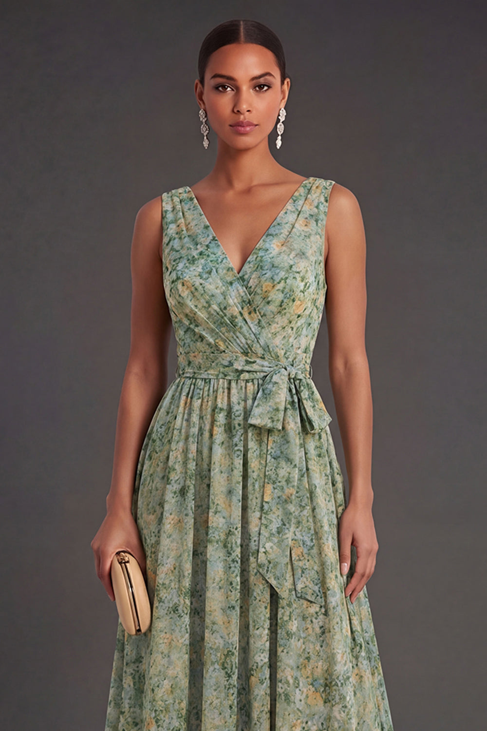 A Line Dusty Green Floral Long Wedding Guest Dress