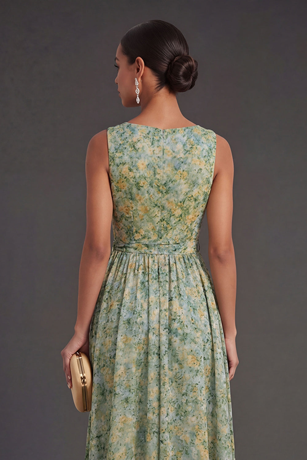 A Line Dusty Green Floral Long Wedding Guest Dress