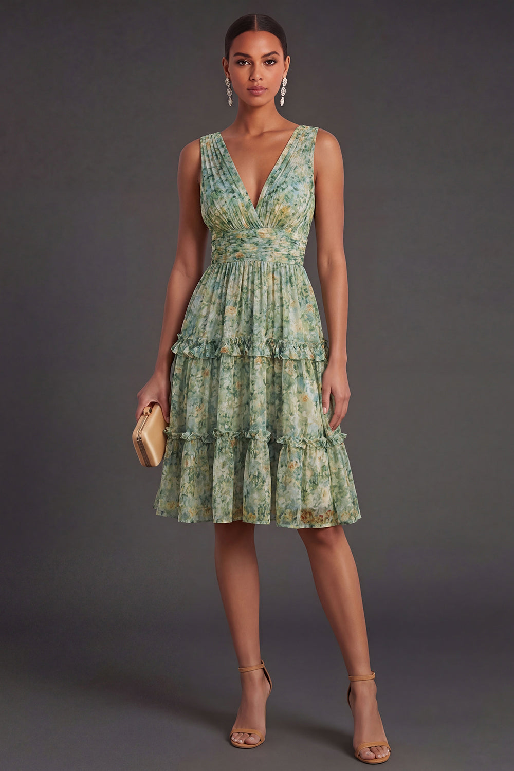 Tiered A Line Dusty Green Floral Midi Wedding Guest Dress